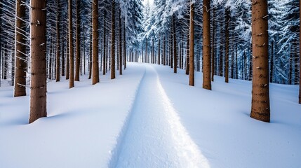 Wall Mural - A serene winter trail winding through tall, snow-covered trees, inviting peace and tranquility in a beautiful snowy forest.