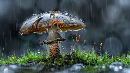 Poster -   A lush green field hosts a grass-covered mushroom perched beside a puddle of water