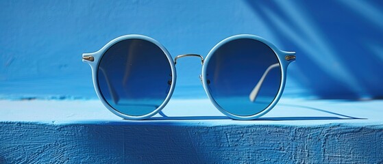 Minimal style composition made of trendy sunglasses closeup on blue