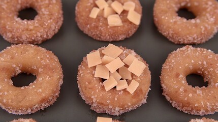 Wall Mural -   A close-up photo of a tray of doughnuts with a bite missing from one