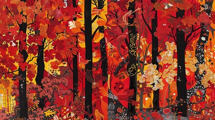 Poster -   A painting of a forest brimming with red and yellow leaves surrounds a person positioned centrally