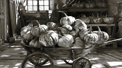 Canvas Print -   Pumpkins in wheelbarrow on sunlit room floor