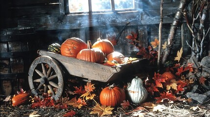 Sticker -   A wagon brimming with numerous pumpkins rests atop a mound of leaves adjacent to a hearth