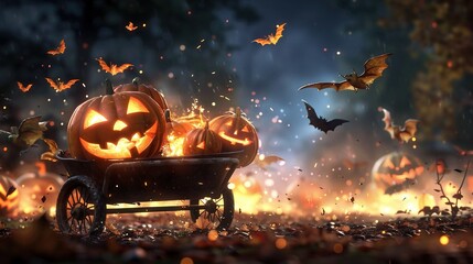 Poster -   A wagon filled with carved pumpkins and bats flying in the sky, illuminated by the glow of a candle