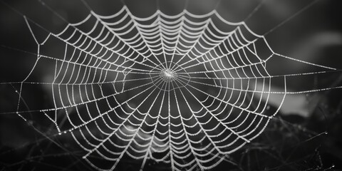 A close-up of a spider web in black-and-white, featuring intricate lines and a blurred background for a minimalistic effect