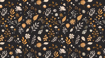 Canvas Print -   Black background with orange, yellow, and white flowers and yellow and brown leaves