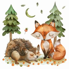 For baby cards, invitations, baby showers, nurseries, and baby showers, this watercolor composition features cute animals, foxes, hedgehogs, spruces, trees, mushrooms, and plants.