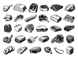 Wall Mural - Linocut Meat Products Style Icons Set White Background Butcher Shop Cuts Beef Pork Sausages Retro Vintage Illustration Graphic Design Elements