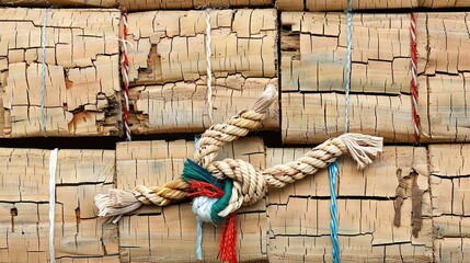 Sticker -   Close-up shot of a rope on a wooden wall, with ropes cascading from its sides