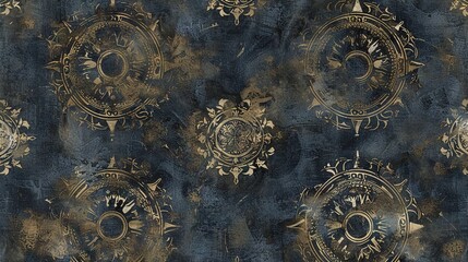 Wall Mural -   A stunning wallpaper featuring a harmonious combination of black, gold and celestial elements, with an intricate design of a sun, moon, and stars at its focal point