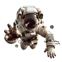 Wall Mural - an realistic astronaut flies and reaches forward the hand in front of his face on white background