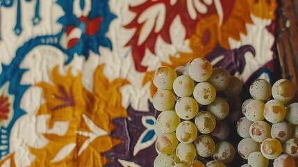 Poster -   A close-up of multicolored grapes on a vibrant tablecloth with a clock in the background