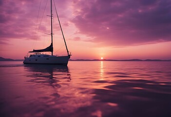 Wall Mural - frame romantic floating horizon yacht stance purple away setting rays sun sunset pink violet ray background sail ship beauty sea water landscape nature sky view ocean summer