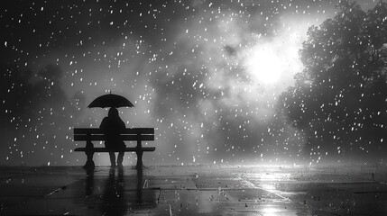 Canvas Print -   A monochromatic image of someone seated on a bench amidst rainfall, with an umbrella shielding their face