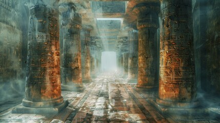 Ancient ruins featuring hieroglyphs, cuneiform, and runic script in a mysterious temple