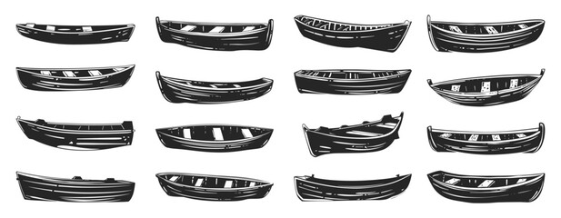 Wall Mural - Row Boats Icons Set Neat Thick Strokes Shapes Black on White Background Nautical Vessels Watercraft Marine Design Elements Fishing Recreation Outdoor Activities