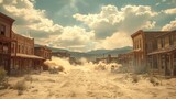 Dusty old west town faces fierce sandstorm under dramatic sky