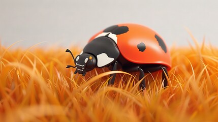 Poster -   A ladybug statue rests amidst tall blades of grass, against a backdrop of gray clouds