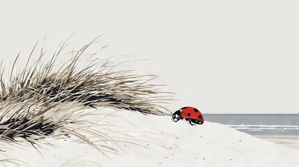 Poster -   A ladybug perched atop a snow mound adjacent to a verdant, grassy shoreline, where the ocean expanse lay beyond