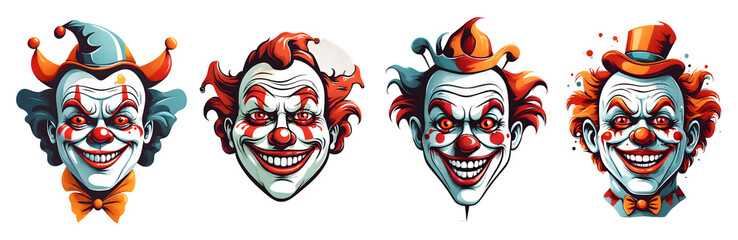 Wall Mural - Set of cartoon horror clown character faces. vector illustration of evil clowns smile scary circus monsters. Generative AI.