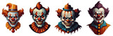 Set of cartoon horror clown character faces. vector illustration of evil clowns smile scary circus monsters.