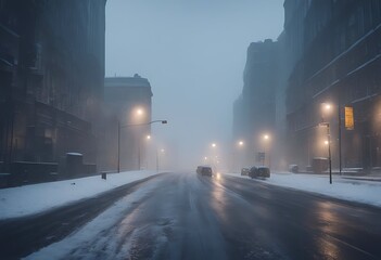 Wall Mural - weather bad road conditions snowstorm city car snow slow rain way street windscreen headlamp perspective travel day business winter storm traffic accident tire ice wheel wiper rainy