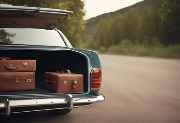 Wall Mural - car summer suitcase few beach travel trip sea vacation family road happy vintage sky people concept fun holiday background woman young lifestyle blue ocean vehicle beautiful surf drive