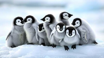 Poster -   A flock of penguins perched atop an icy floating platform surrounded by fresh snowfall