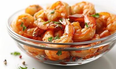 Wall Mural - Glass cup with boiled shrimps on a white background.