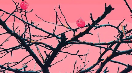 Sticker -   A pair of birds perched atop a bare tree against a backdrop of vibrant pink clouds without foliage