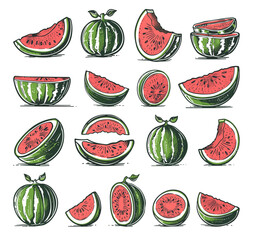 Wall Mural - Watermelons in Different Angles Whole Cut and Slices Icons Set Line Sketch Crisp Contours White Background Fruit Illustration Summer Food Design Elements
