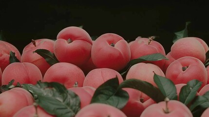 Poster -   A close-up photo of a pile of peaches, with leaves scattered over the top and the bottom of the peaches visible