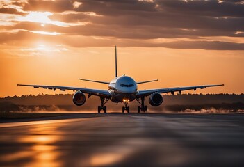 Wall Mural - jet sunset landing jumbo aerodrome plane aeroplane homeward home return land touchdown heavy gargantuan engine intercontinental silhouette exhaust mirage