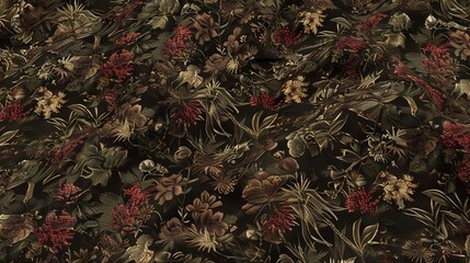 Poster -   Black background with close-up of floral pattern featuring red and yellow flowers