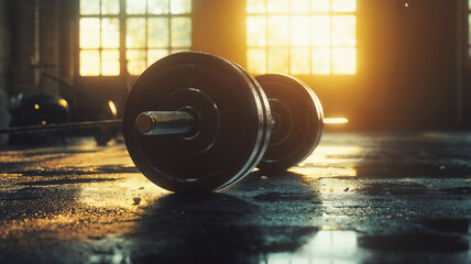 barbells on the floor of a gym - equipment for strength training and lifting weights