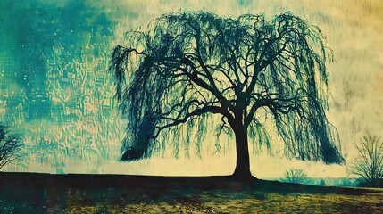 Poster -   A tree in a field, surrounded by trees and with a sky as the backdrop