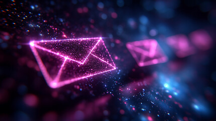 digital envelopes floats in cyberspace, representing the exchange of electronic messages. The glowing symbols and sleek design illustrate modern communication and connectivity