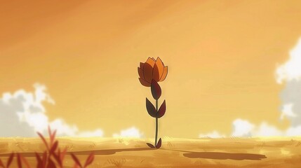 Wall Mural -   A flower in the middle of a desert with a blue sky and fluffy clouds in the background