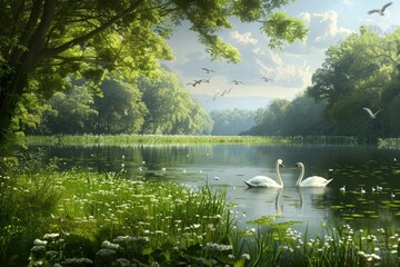 Wall Mural - a serene scene of two swans swimming in a lake surrounded by trees. scene is peaceful and calming