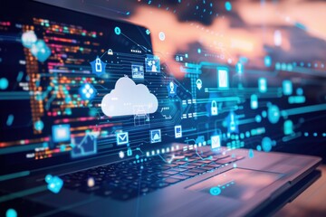 A laptop with cloud icons floating above it, surrounded by digital data and network connections, representing the idea of clouds as an storage platform for various applications Generative AI