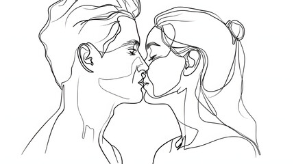 Wall Mural - A cartoon-like drawing of a couple love in profile, Thick lines drawing on white background