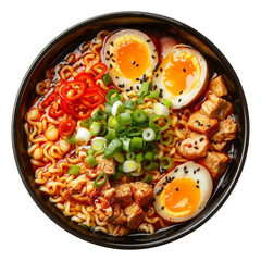 Top view of Ramen noodle soup in brown bowl isolated on transparent background.