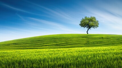 Wall Mural -   A lone tree stands on a grassy hill beneath a blue sky, its wispy leaves rustling softly in the breeze