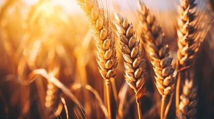 Wall Mural -   A wheat field's close-up with sun highlighting plant ears