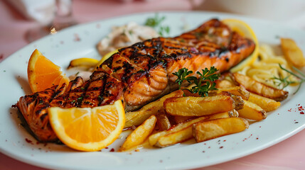 a delicious meal featuring a grilled salmon fillet served with a side of French fries. The plate is garnished with slices of lemon and orange