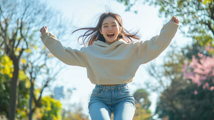 Wall Mural - 公園で元気にジャンプする若い日本人女性