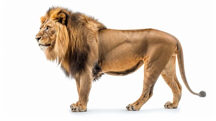 Wall Mural - Stock image of old lion standing isolated against a white background.