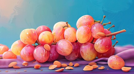 Poster -   A depiction of an array of grapes on a purple fabric against a azure backdrop with a sky above