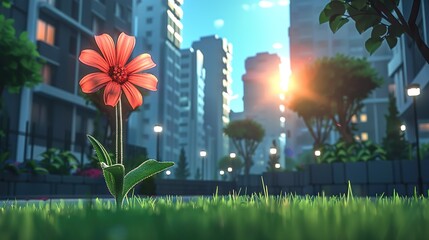 Wall Mural -   Red flower in lush green field facing cityscape at night