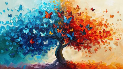 Wall Mural -   A vibrant depiction of a tree adorned with butterflies, set against a serene blue sky